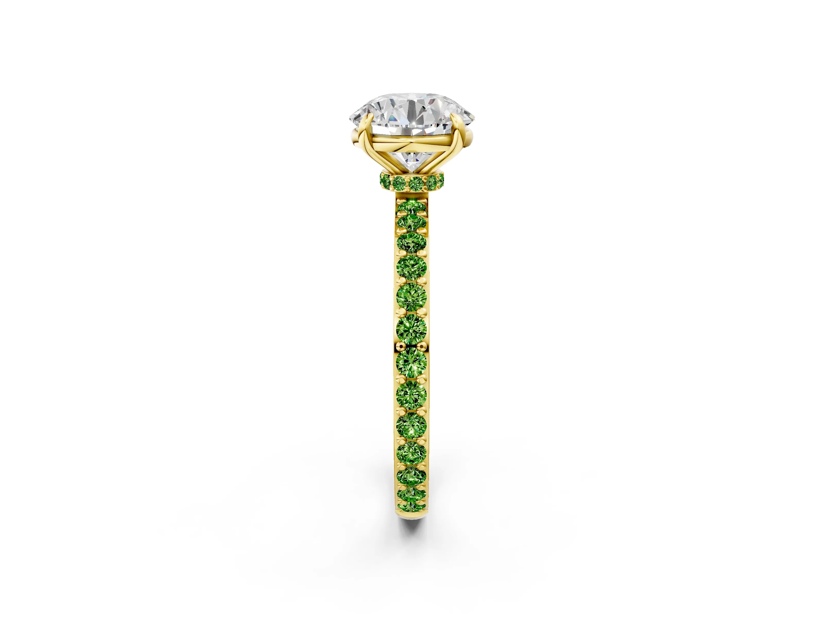 Yellow gold Round Cut Diamond Pavé Engagement Ring with Round with Peridot side stone Accents and Prong Setting_2