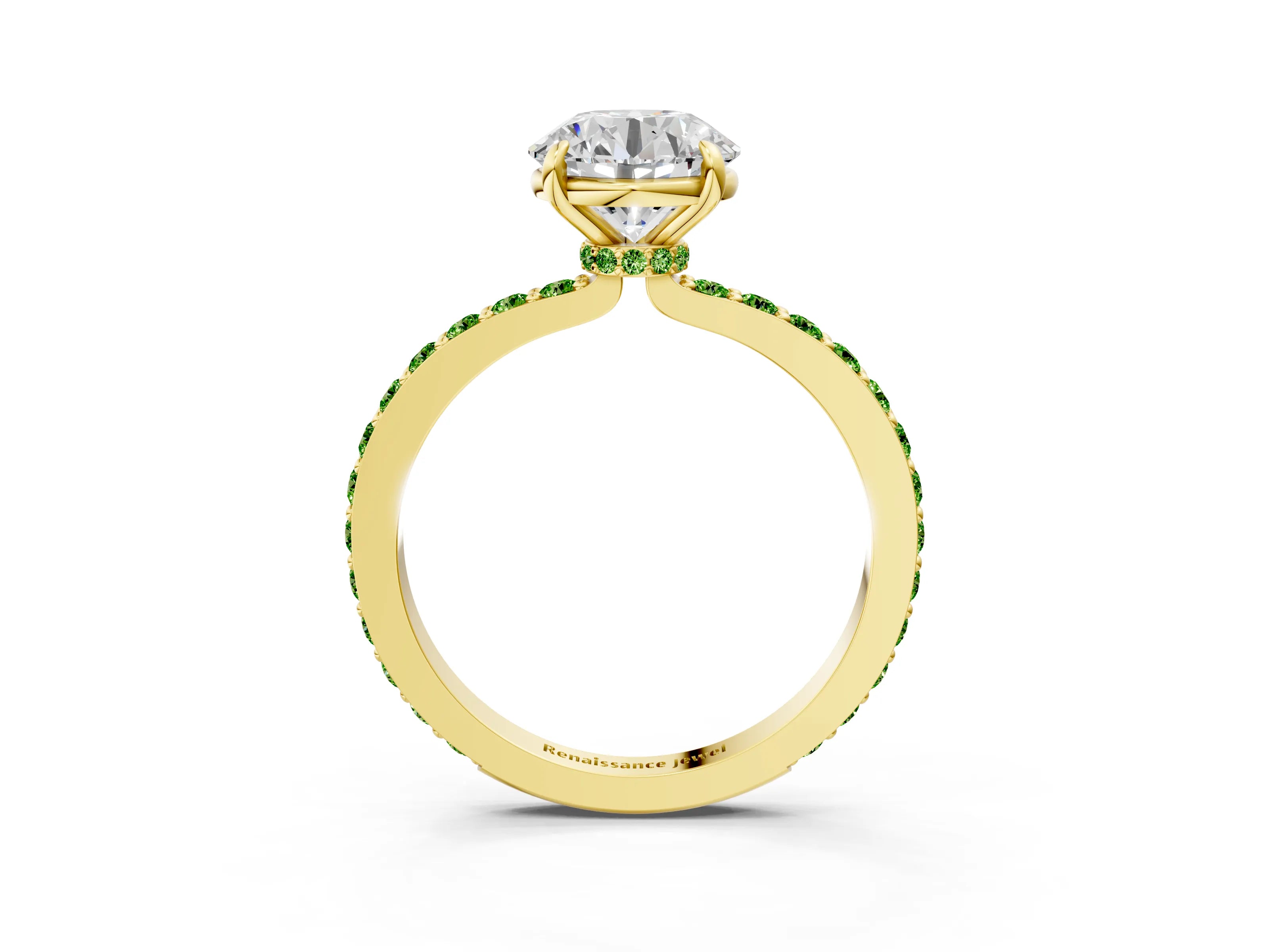 Yellow gold Round Cut Diamond Pavé Engagement Ring with Round with Peridot side stone Accents and Prong Setting_3
