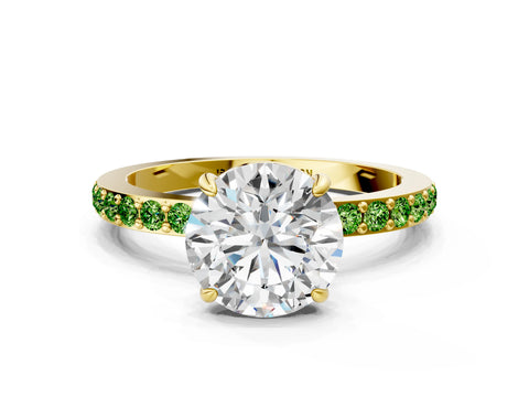 Yellow gold Round Cut Diamond Pavé Engagement Ring with Round with Peridot side stone Accents and Prong Setting