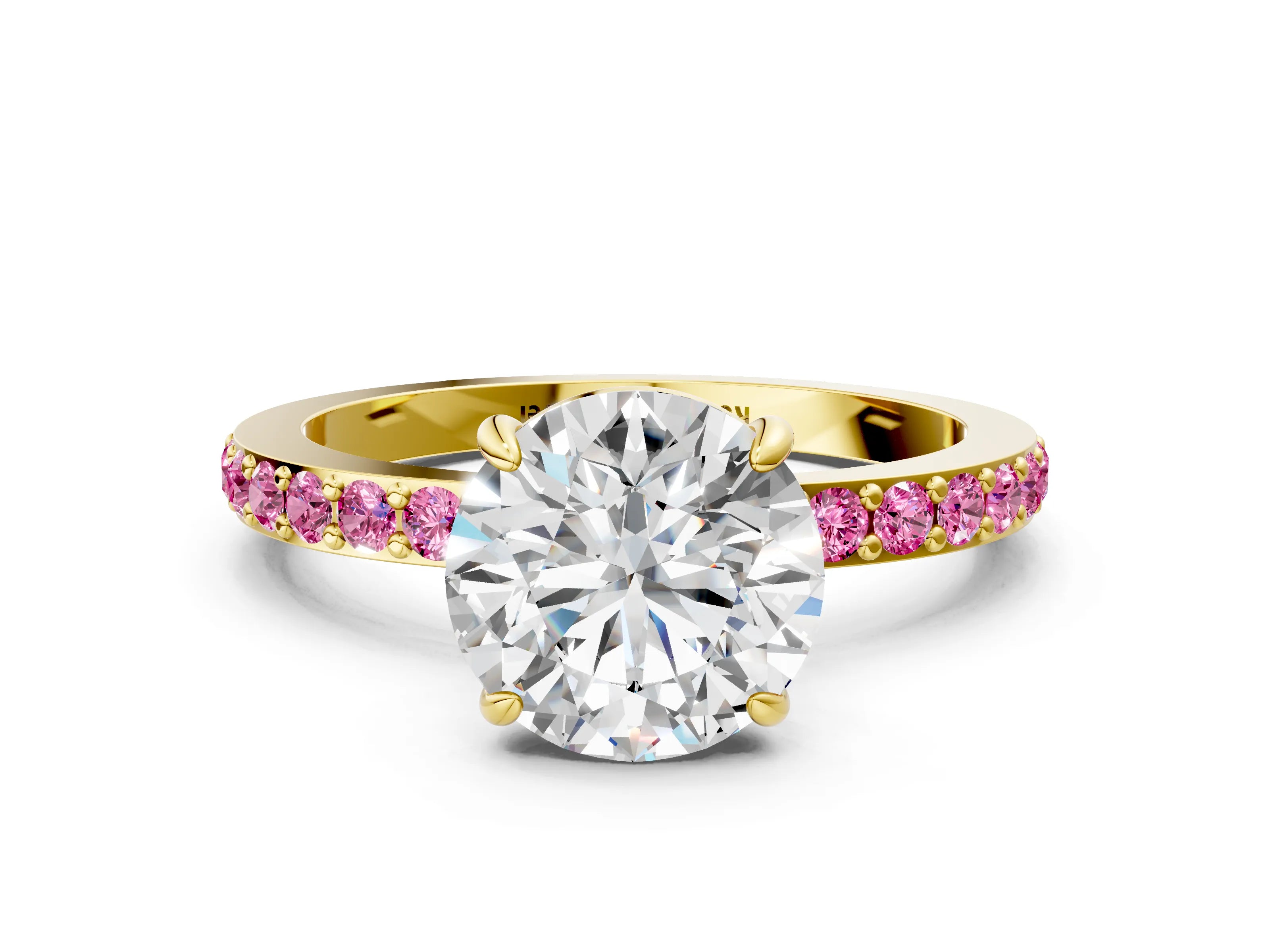 Yellow gold Round Cut Diamond Pavé Engagement Ring with Round with Pink Sapphire side stone Accents and Prong Setting