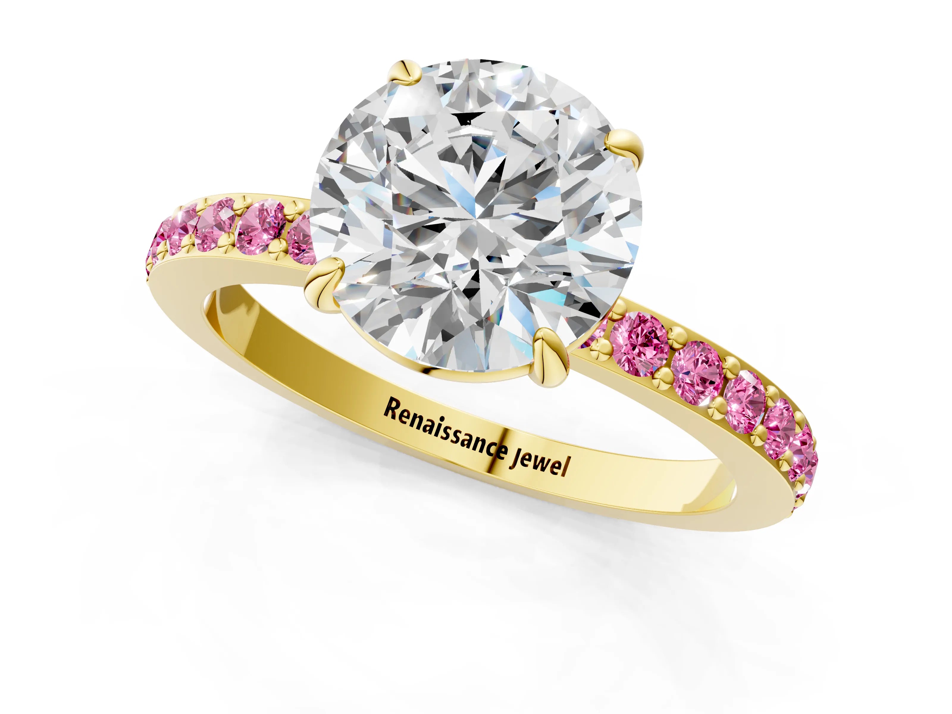 Yellow gold Round Cut Diamond Pavé Engagement Ring with Round with Pink Sapphire side stone Accents and Prong Setting_1