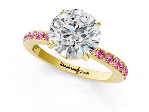 Yellow gold Round Cut Diamond Pavé Engagement Ring with Round with Pink Sapphire side stone Accents and Prong Setting_1