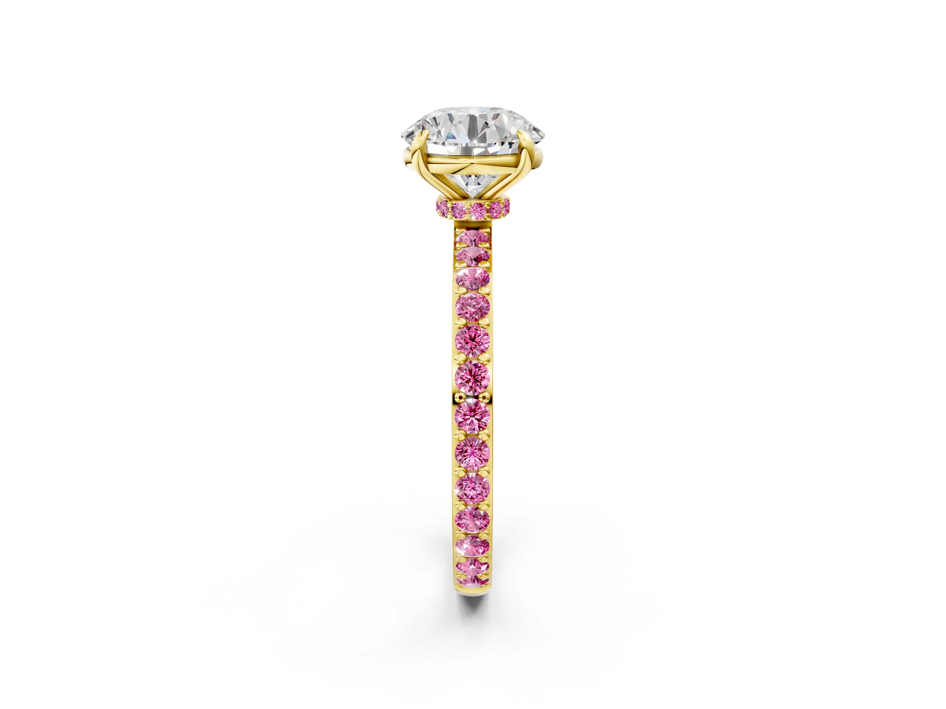 Yellow gold Round Cut Diamond Pavé Engagement Ring with Round with Pink Sapphire side stone Accents and Prong Setting_2
