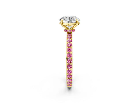 Yellow gold Round Cut Diamond Pavé Engagement Ring with Round with Pink Sapphire side stone Accents and Prong Setting_2