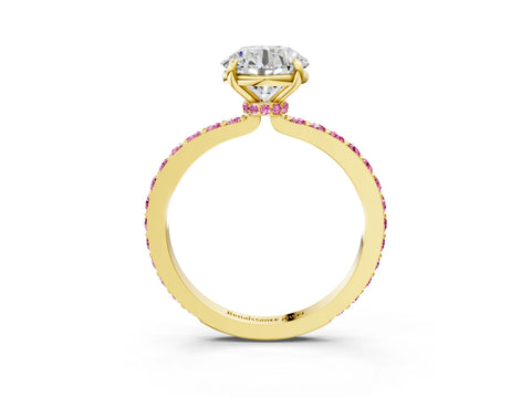 Yellow gold Round Cut Diamond Pavé Engagement Ring with Round with Pink Sapphire side stone Accents and Prong Setting_3