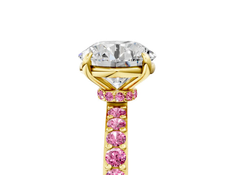 Yellow gold Round Cut Diamond Pavé Engagement Ring with Round with Pink Sapphire side stone Accents and Prong Setting_5