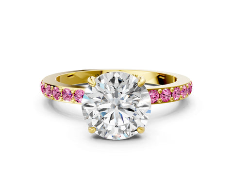 Yellow gold Round Cut Diamond Pavé Engagement Ring with Round with Pink Sapphire side stone Accents and Prong Setting