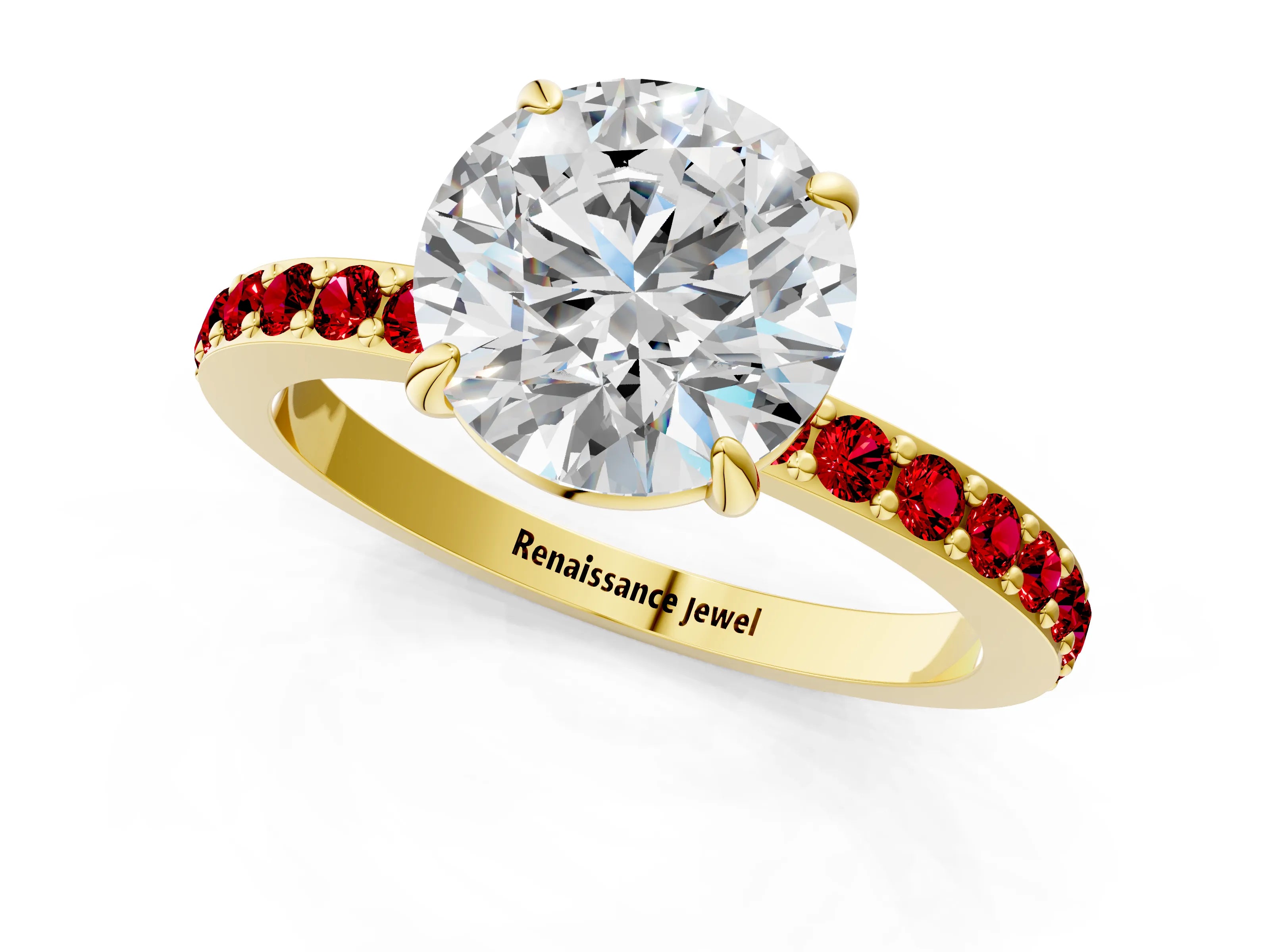 Yellow gold Round Cut Diamond Pavé Engagement Ring with Round with Ruby side stone Accents and Prong Setting_1