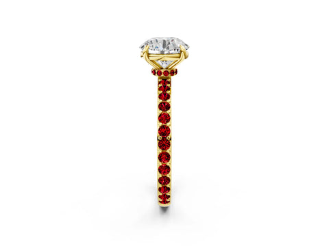 Yellow gold Round Cut Diamond Pavé Engagement Ring with Round with Ruby side stone Accents and Prong Setting_2