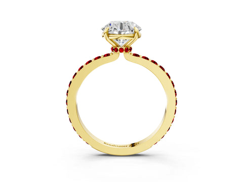 Yellow gold Round Cut Diamond Pavé Engagement Ring with Round with Ruby side stone Accents and Prong Setting_3