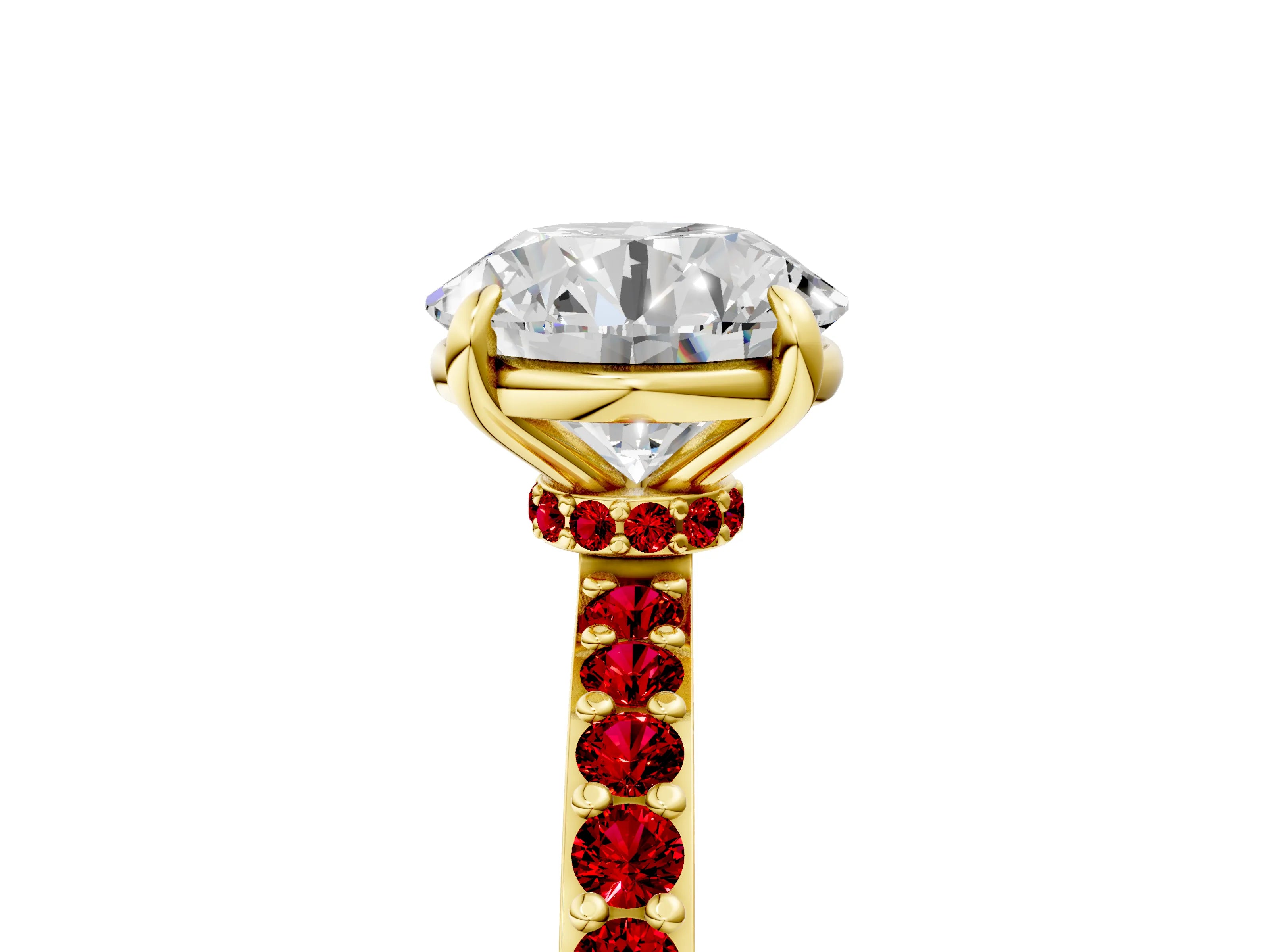 Yellow gold Round Cut Diamond Pavé Engagement Ring with Round with Ruby side stone Accents and Prong Setting_5