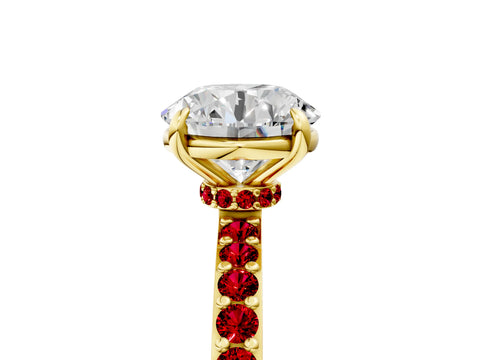 Yellow gold Round Cut Diamond Pavé Engagement Ring with Round with Ruby side stone Accents and Prong Setting_5