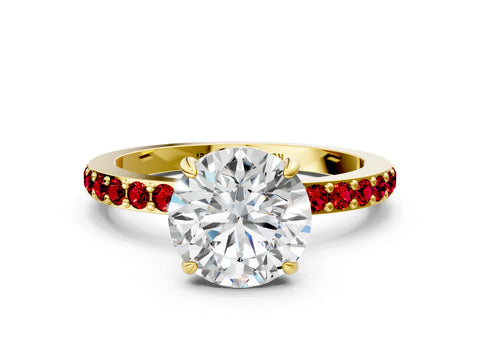 Yellow gold Round Cut Diamond Pavé Engagement Ring with Round with Ruby side stone Accents and Prong Setting
