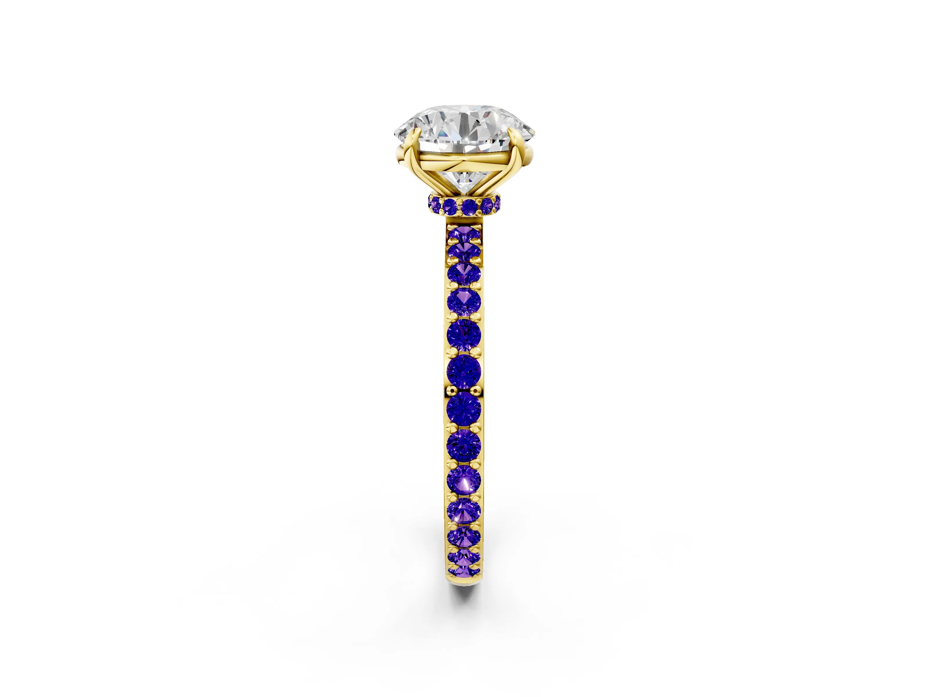 Yellow gold Round Cut Diamond Pavé Engagement Ring with Round with Tanzanite side stone Accents and Prong Setting_2