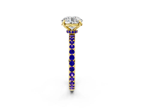 Yellow gold Round Cut Diamond Pavé Engagement Ring with Round with Tanzanite side stone Accents and Prong Setting_2