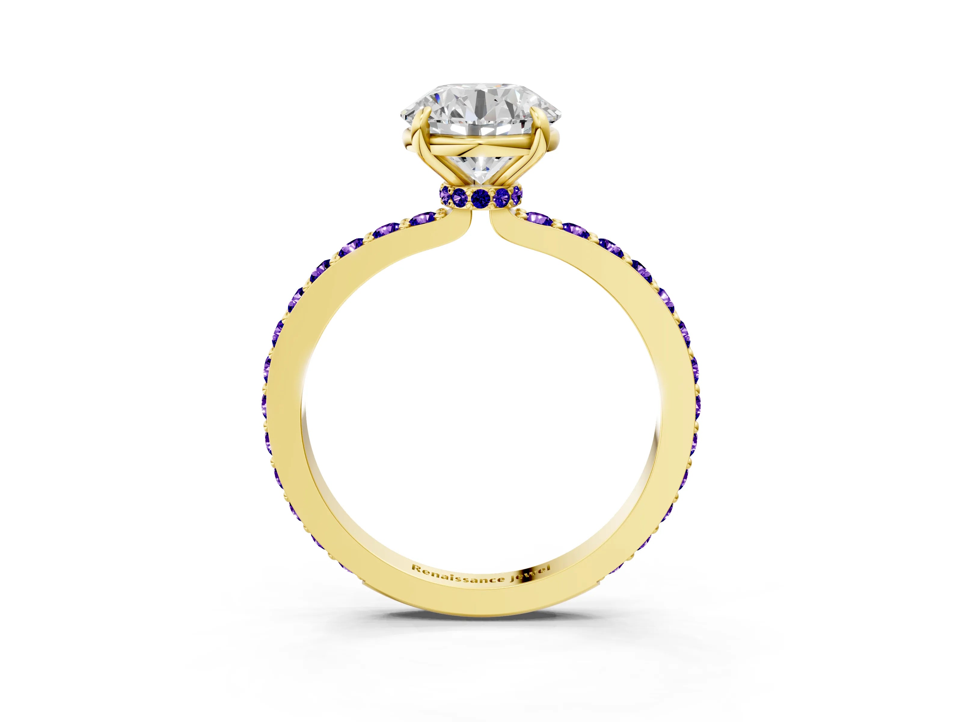Yellow gold Round Cut Diamond Pavé Engagement Ring with Round with Tanzanite side stone Accents and Prong Setting_3