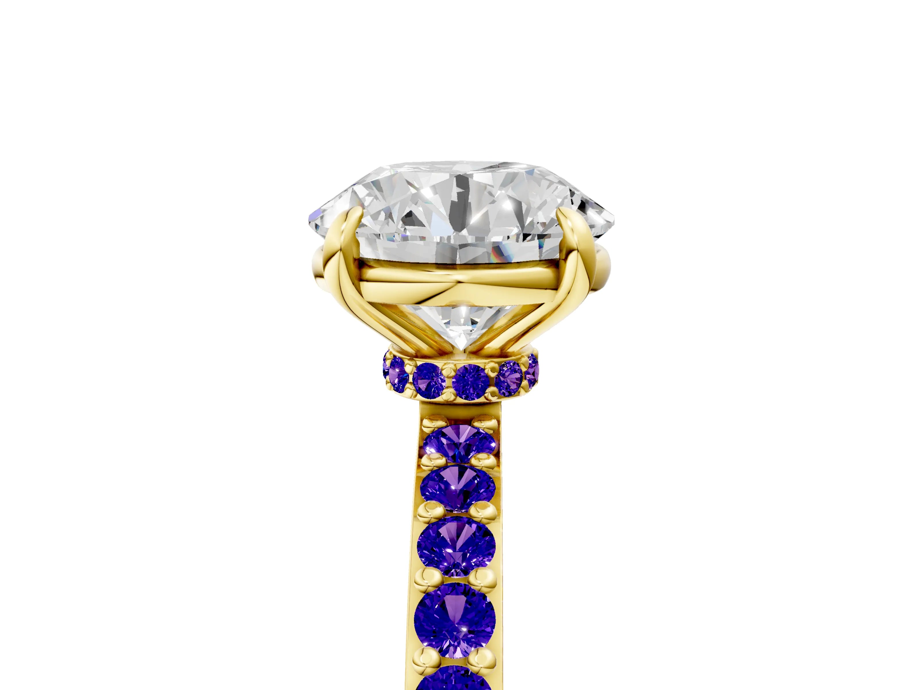 Yellow gold Round Cut Diamond Pavé Engagement Ring with Round with Tanzanite side stone Accents and Prong Setting_5