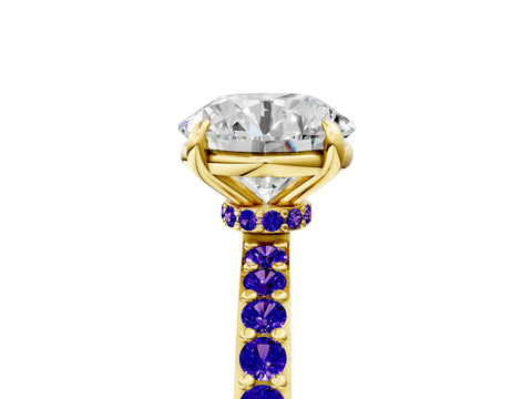Yellow gold Round Cut Diamond Pavé Engagement Ring with Round with Tanzanite side stone Accents and Prong Setting_5