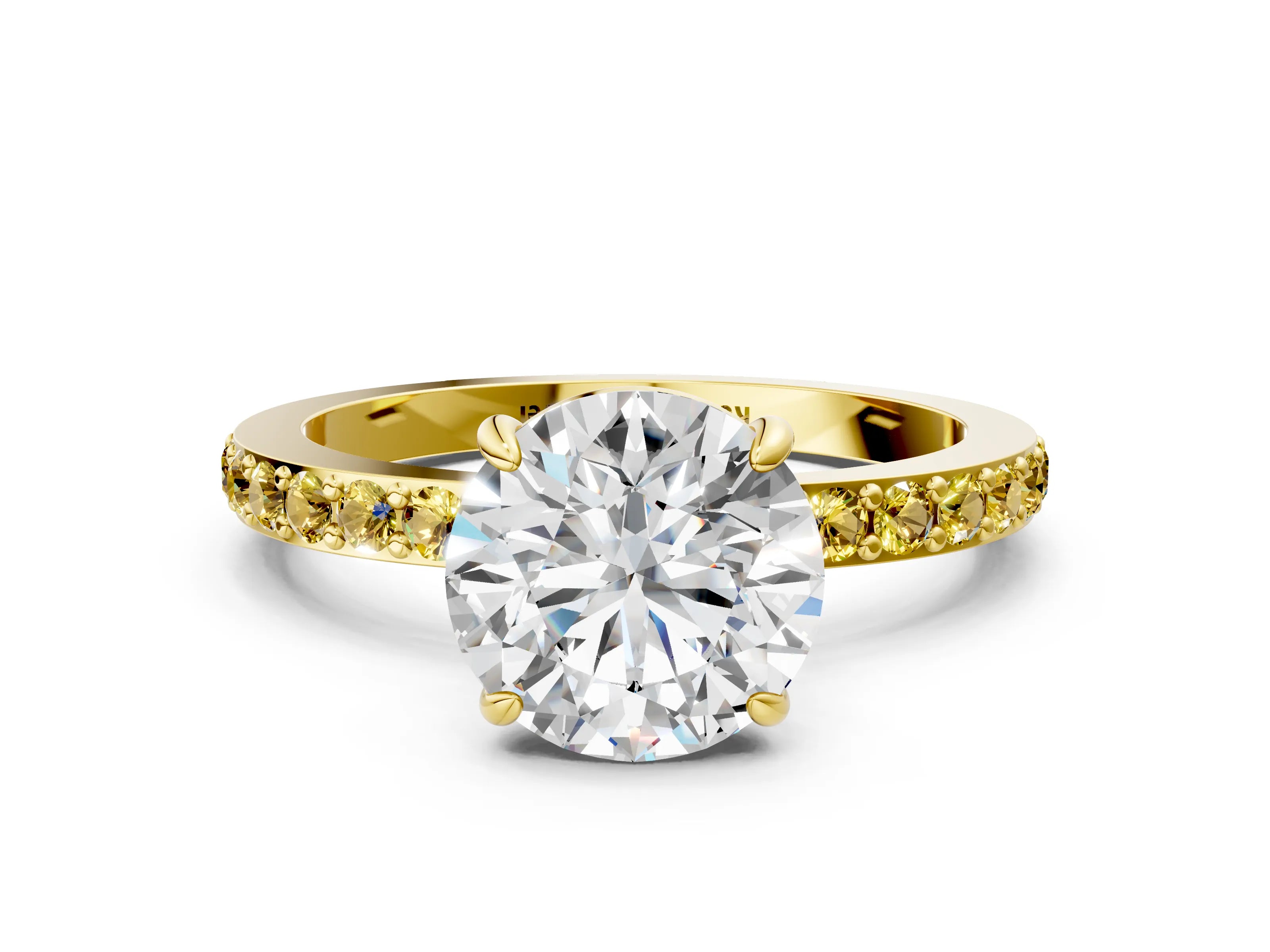 Yellow gold Round Cut Diamond Pavé Engagement Ring with Round with Yellow Sapphire side stone Accents and Prong Setting