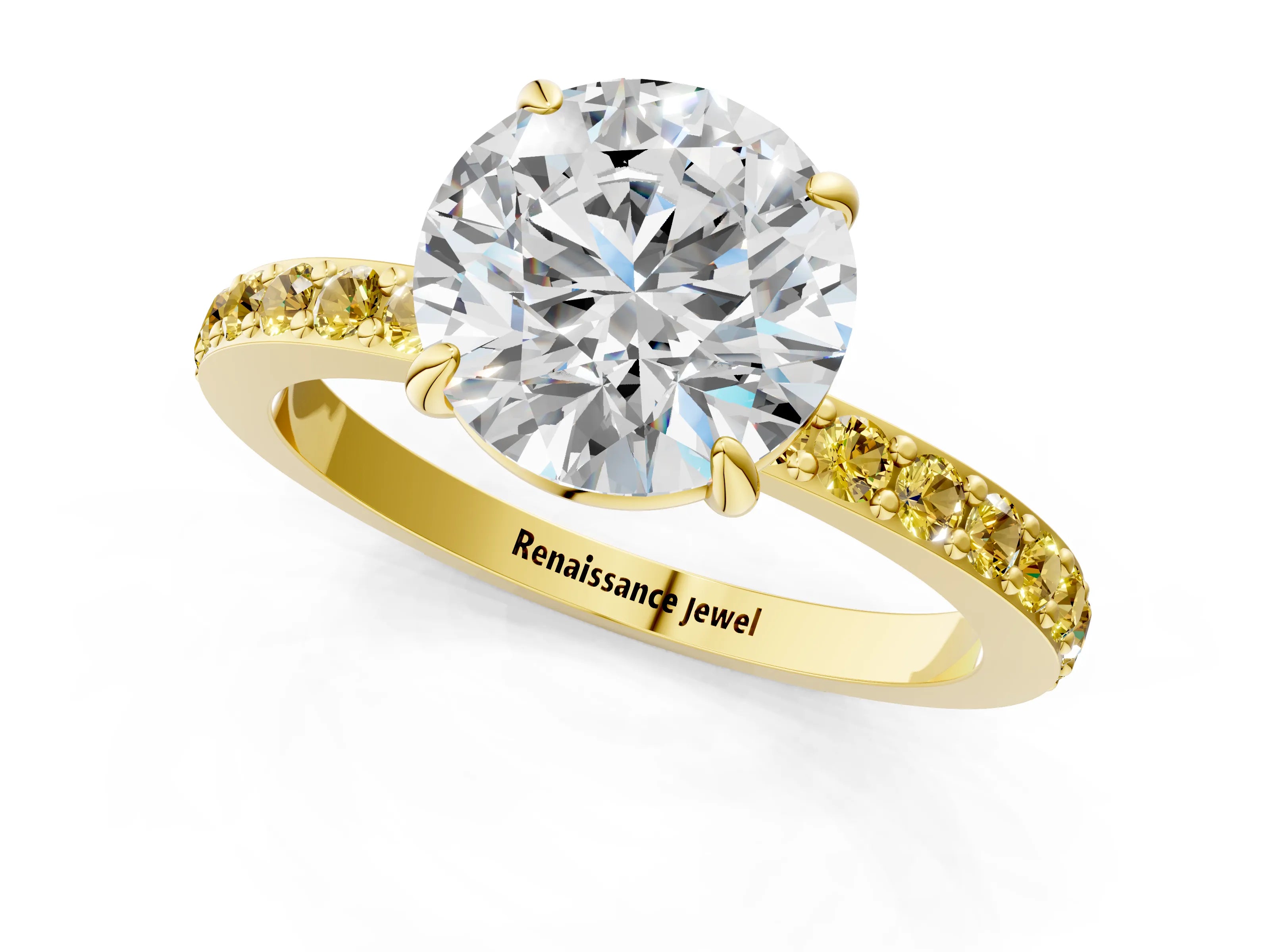 Yellow gold Round Cut Diamond Pavé Engagement Ring with Round with Yellow Sapphire side stone Accents and Prong Setting_1