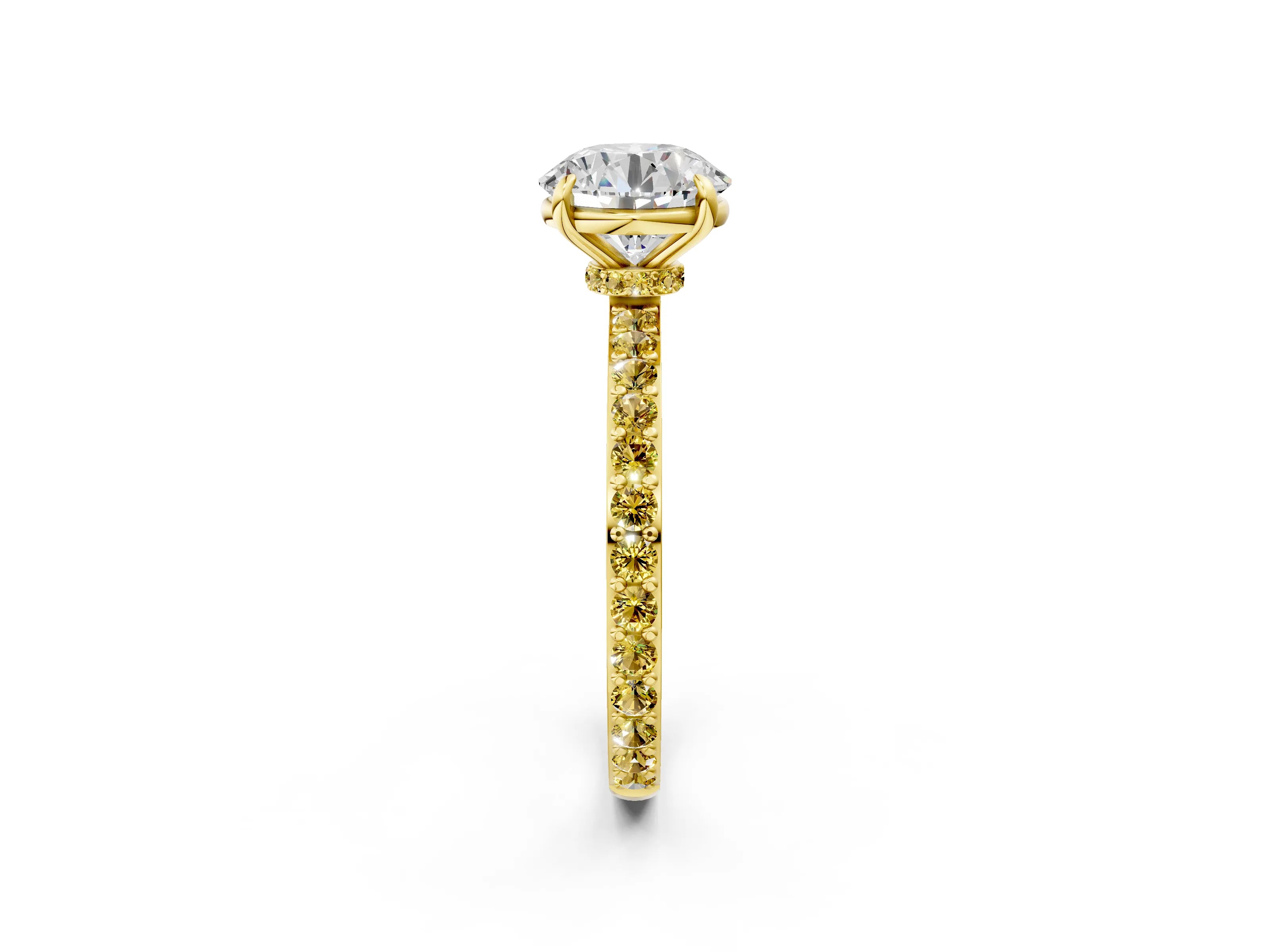 Yellow gold Round Cut Diamond Pavé Engagement Ring with Round with Yellow Sapphire side stone Accents and Prong Setting_2