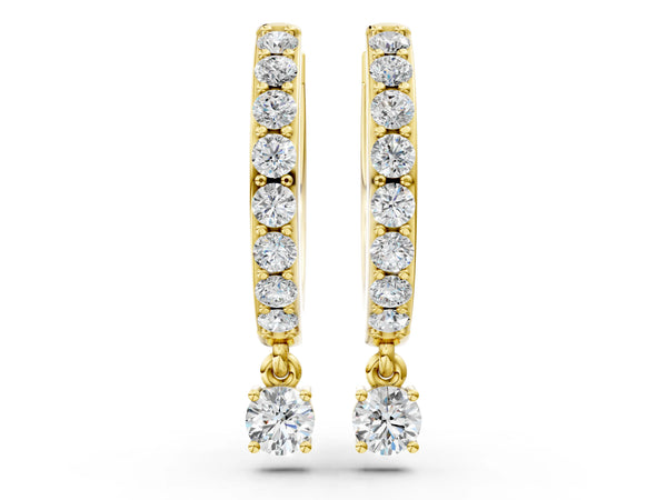 Yellow gold Round Cut Diamond Pavé Hoop Earrings with Drop Accent