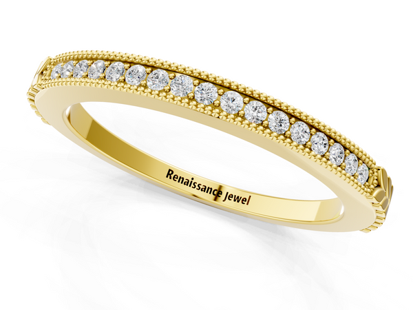 Yellow gold Round Cut Diamond Pavé Set Milgrain Edge Eternity Band