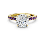 Yellow gold Round Cut Diamond Pave Band Solitaire Ring with Round with Amethyst side stone and Prong Setting