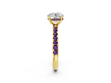 Yellow gold Round Cut Diamond Pave Band Solitaire Ring with Round with Amethyst side stone and Prong Setting_2