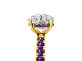 Yellow gold Round Cut Diamond Pave Band Solitaire Ring with Round with Amethyst side stone and Prong Setting_5