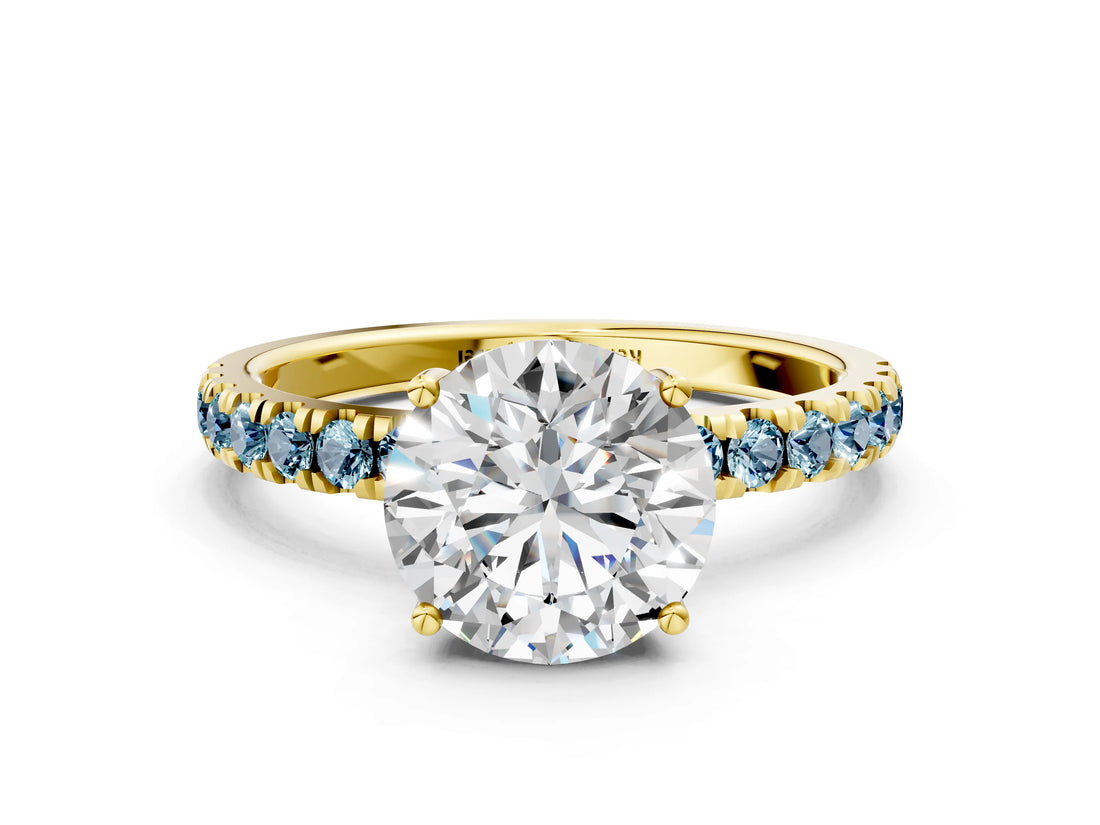 Yellow gold Round Cut Diamond Pave Band Solitaire Ring with Round with Aquamarine side stone and Prong Setting_12