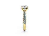 Yellow gold Round Cut Diamond Pave Band Solitaire Ring with Round with Aquamarine side stone and Prong Setting_14