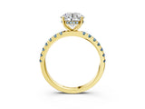 Yellow gold Round Cut Diamond Pave Band Solitaire Ring with Round with Aquamarine side stone and Prong Setting_15