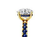 Yellow gold Round Cut Diamond Pave Band Solitaire Ring with Round with Blue Sapphire side stone and Prong Setting_17
