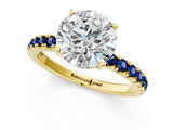Yellow gold Round Cut Diamond Pave Band Solitaire Ring with Round with Blue Sapphire side stone and Prong Setting_25