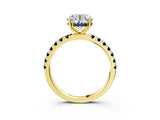 Yellow gold Round Cut Diamond Pave Band Solitaire Ring with Round with Blue Sapphire side stone and Prong Setting_27