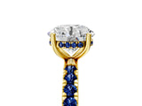 Yellow gold Round Cut Diamond Pave Band Solitaire Ring with Round with Blue Sapphire side stone and Prong Setting_29
