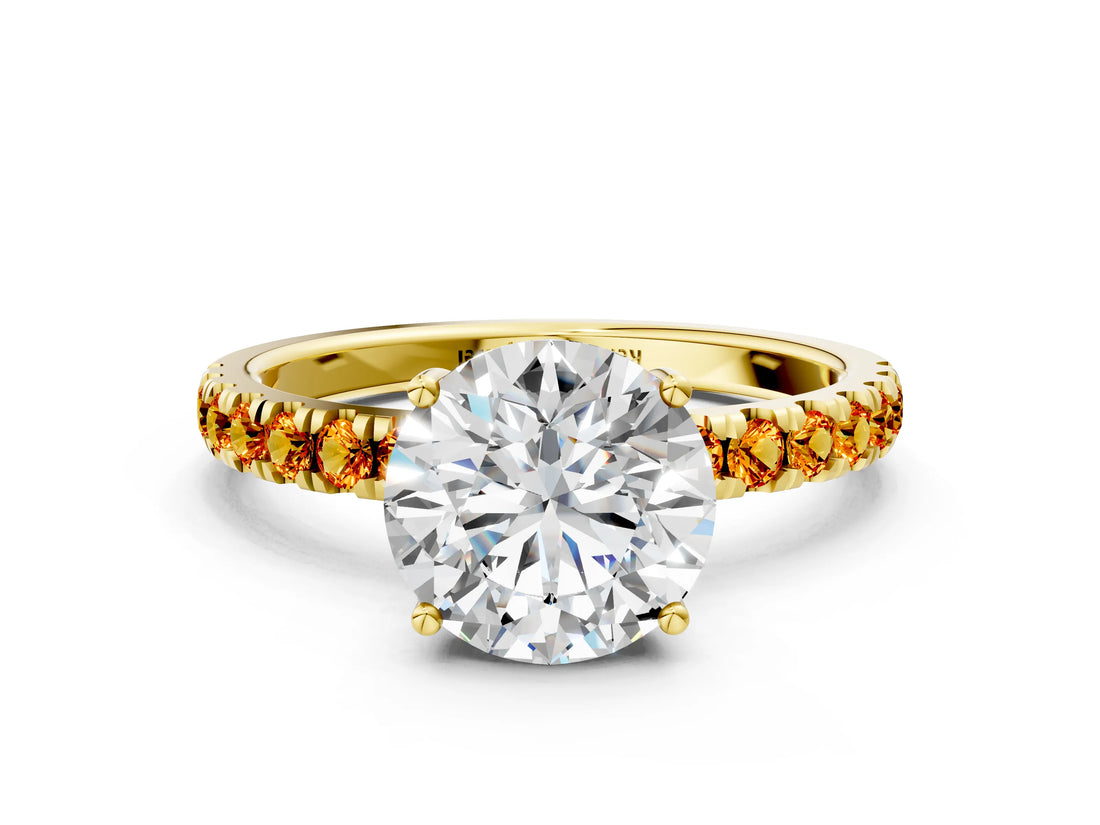 Yellow gold Round Cut Diamond Pave Band Solitaire Ring with Round with Citrine side stone and Prong Setting