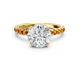 Yellow gold Round Cut Diamond Pave Band Solitaire Ring with Round with Citrine side stone and Prong Setting
