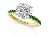 Yellow gold Round Cut Diamond Pave Band Solitaire Ring with Round with Emerald side stone and Prong Setting_1