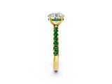 Yellow gold Round Cut Diamond Pave Band Solitaire Ring with Round with Emerald side stone and Prong Setting_2
