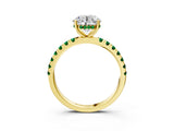 Yellow gold Round Cut Diamond Pave Band Solitaire Ring with Round with Emerald side stone and Prong Setting_3