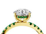 Yellow gold Round Cut Diamond Pave Band Solitaire Ring with Round with Emerald side stone and Prong Setting_4