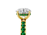 Yellow gold Round Cut Diamond Pave Band Solitaire Ring with Round with Emerald side stone and Prong Setting_5