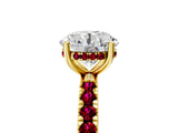 Yellow gold Round Cut Diamond Pave Band Solitaire Ring with Round with Garnet side stone and Prong Setting_17