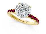 Yellow gold Round Cut Diamond Pave Band Solitaire Ring with Round with Garnet side stone and Prong Setting_24