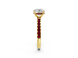 Yellow gold Round Cut Diamond Pave Band Solitaire Ring with Round with Garnet side stone and Prong Setting_25