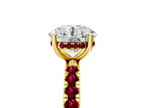 Yellow gold Round Cut Diamond Pave Band Solitaire Ring with Round with Garnet side stone and Prong Setting_28