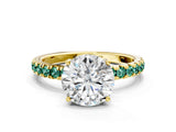 Yellow gold Round Cut Diamond Pave Band Solitaire Ring with Round with Green Sapphire side stone and Prong Setting_24