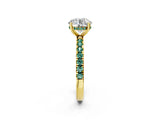 Yellow gold Round Cut Diamond Pave Band Solitaire Ring with Round with Green Sapphire side stone and Prong Setting_26